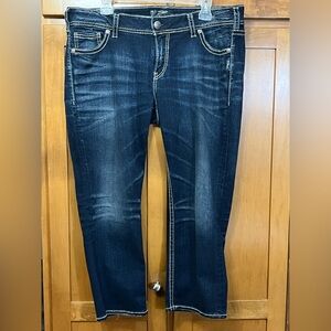 Silver Jeans Suki Mid Capri Denim Dark Indigo with Tan Stitching Size 36